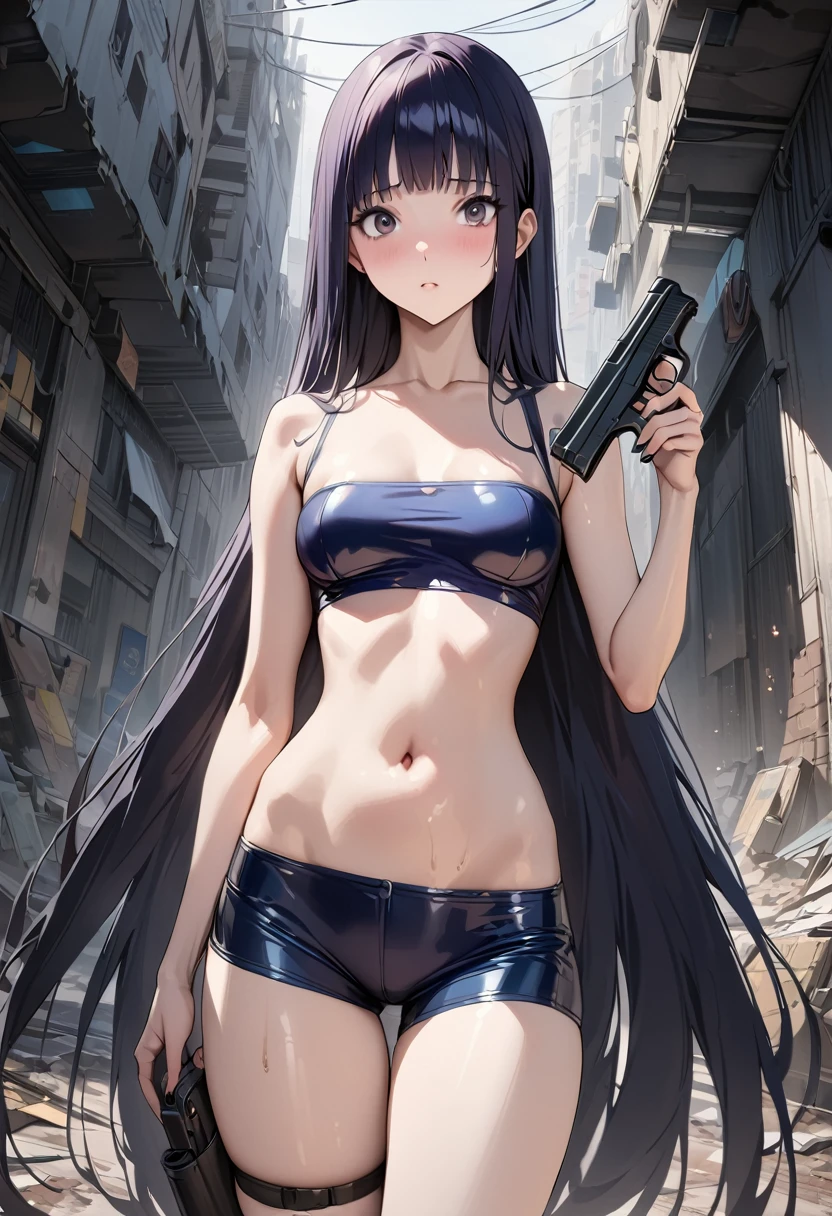 ((masterpiece,best quality anime,Highest quality:1.3)),realistic,cowboy shot,1woman,独奏,(30 year old beauty),((very small head:1.4)),((very long body:1.4)),(dark blue hair),straight long hair,(gorgeous big eyes),black eyes,Serious expression,((slender body:1.4,skinny)),(Dark blue tube top shirt、navel、Navy blue latex shorts),Leg holster medium breasts,,oily skin:1.2,gleaming skin,shiny skin, (holding handgun),standing,on road,Ruined city、Collapsed Buildings、Cyberpunk World、