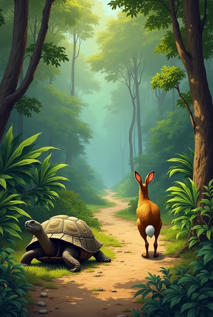 ग्रीन जंगल एक रास्ता रास्ते के दाहिने तरफ से खरगोश आ रहा है और रास्ते के बाएं तरफ से एक कछुआ जा रहा है रियल एस्टेट पेंटिंग इंडियन स्टाइल