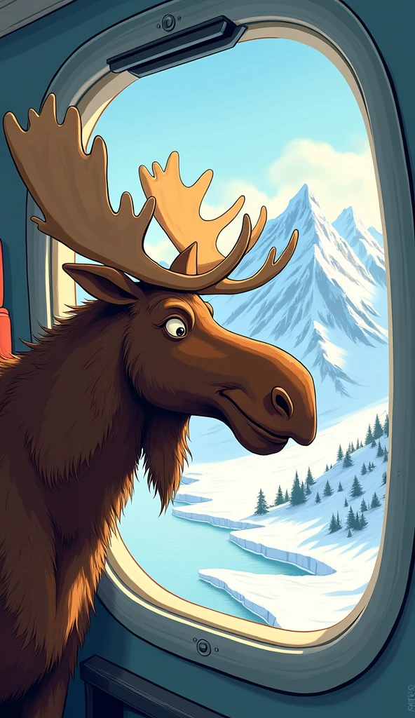 A plane in the air, over a wintry Alaskan landscape, The focus is on a drawn, stylized moose looking out the window of the plane while remaining safely in the cabin