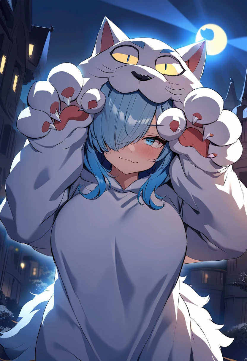 ((best quality, high-quality)), In anime style, ((Wolf Kemomimi Girl)), Solo, ((Big breasts)), ((Mizuiro Hair Berry Berry Short,Blue inner color)), (((Hair over one eye))), (((Yellow and Blue Odd-Eye:1.5))), plump shiny lips, Beautiful clear eyes, Spoken Heart,(((Fluffy, Big Hand Wolf Costume:1.5))), embarrassed, (dynamicposes:1.4), (((Show me your paws, Gao's Pose:1.5))), (Suspicious light, rays of moonlight:1.4), (Moon and castle background), (Blue Full Moon:1.2), Fantasy Worldwide, high-angle shot, masutepiece,Best Quality,ultra-detailliert, masterpiece,