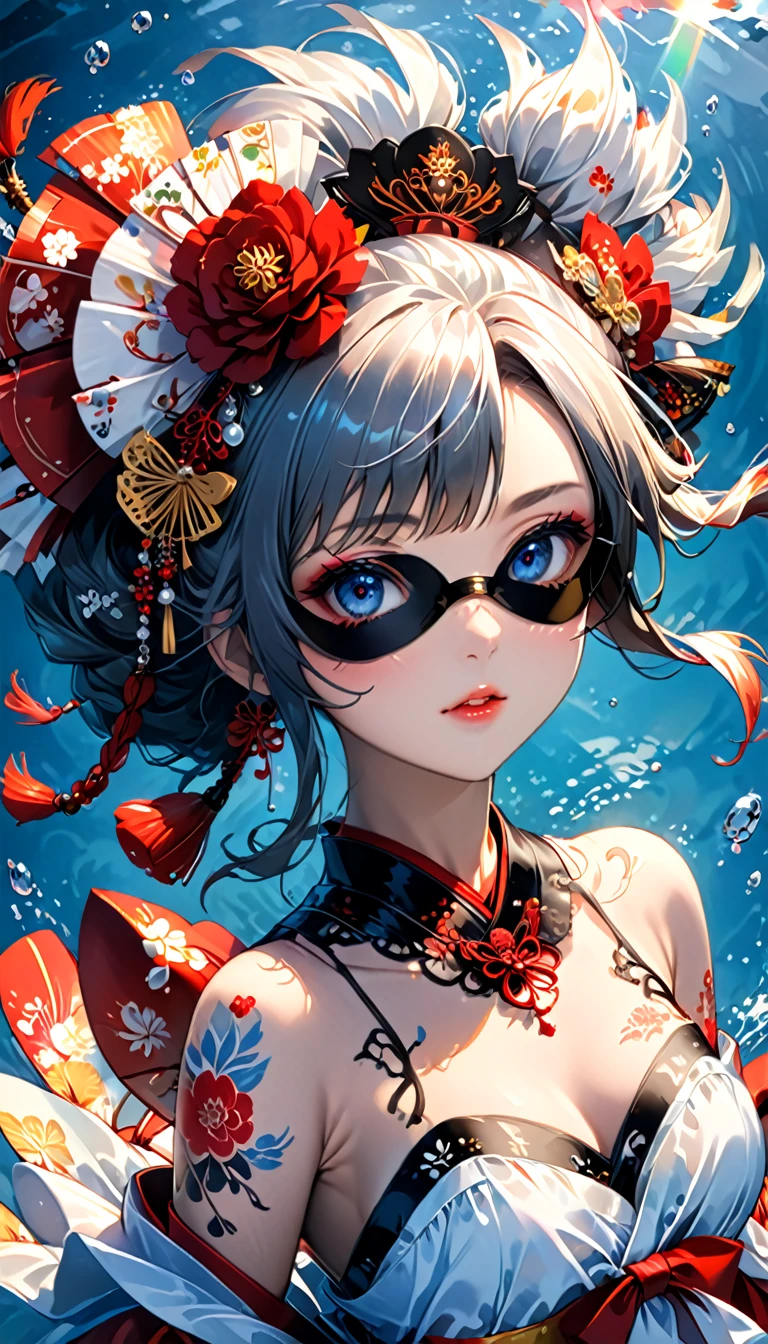 Ink painting, (((1 girl )), (((Tattoo in the middle of the forehead))), (((Oiran))), (((Great hair accessories))), Demon possession, ((Eye patch over:1.3)), (((Masterpiece、Highest image quality、Highest quality、Extremely detailed unit 8ｋWall paper))), ((Illustration of one girl、Upper body covered))、(((beautiful girl))),  girl swimming underwater, Very detailed presentation style, It shines, Red Rose, light blue, brushwork, Ultra Realistic Oil Painting, Bright eyes, Head up close, Exaggerated perspective, Tyndall effect, drop of water, rainbow pearl, 3d white, black background,