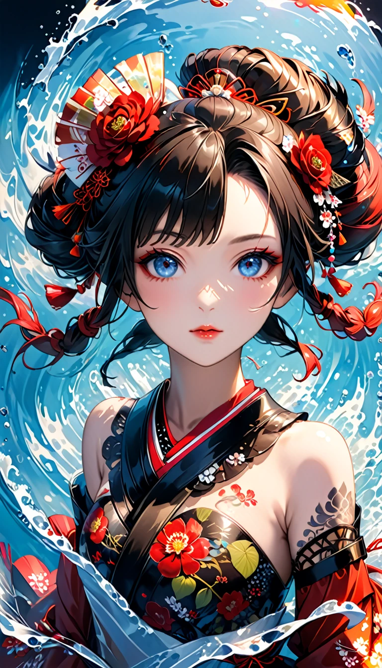 ,Ink painting, (((1 girl )), (((Tattoo in the middle of the forehead))), (((Oiran))), (((Great hair accessories))), Demon possession, , (((Masterpiece、Highest image quality、Highest quality、Extremely detailed unit 8ｋWall paper))), ((Illustration of one girl, (((Upper body covered)))、(((beautiful girl))),  girl swimming underwater, Very detailed presentation style, It shines, Red Rose, light blue, brushwork, Ultra Realistic Oil Painting, Bright eyes, Head up close, Exaggerated perspective, Tyndall effect, drop of water, rainbow pearl, 3d white, black background,