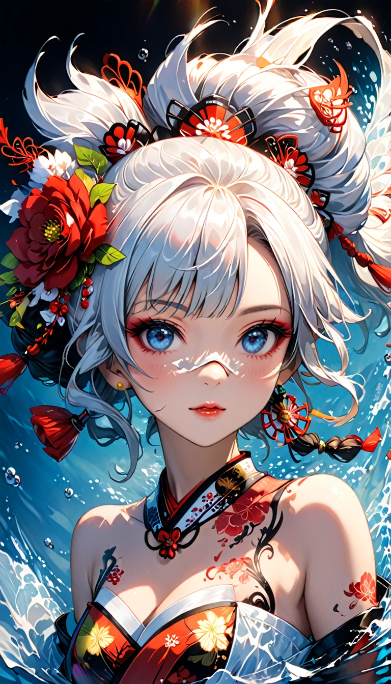 ,Ink painting, (((1 girl )), (((Tattoo in the middle of the forehead))), (((Oiran))), (((Great hair accessories))), Demon possession, , (((Masterpiece、Highest image quality、Highest quality、Extremely detailed unit 8ｋWall paper))), ((Illustration of one girl、Upper body covered))、(((beautiful girl))),  girl swimming underwater, Very detailed presentation style, It shines, Red Rose, light blue, brushwork, Ultra Realistic Oil Painting, Bright eyes, Head up close, Exaggerated perspective, Tyndall effect, drop of water, rainbow pearl, 3d white, black background,