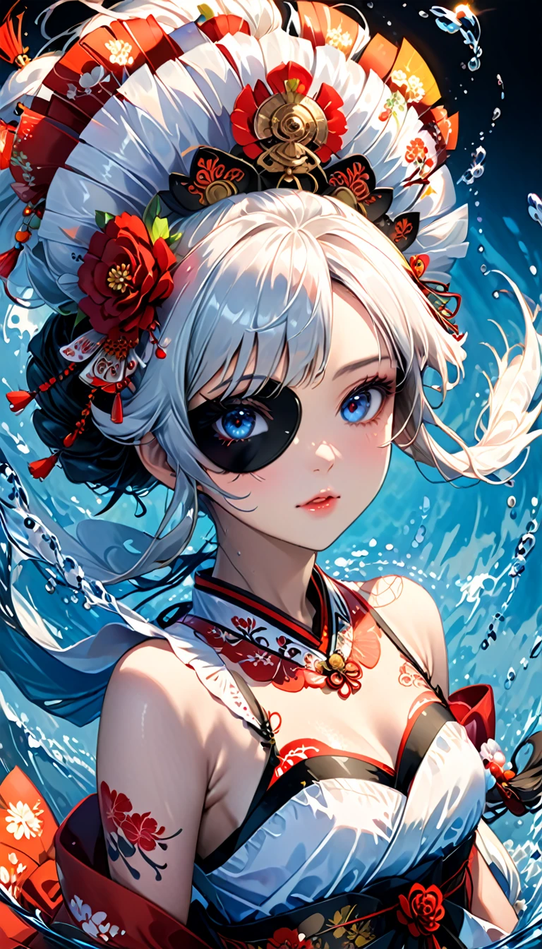 Ink painting, (((1 girl )), (((Tattoo in the middle of the forehead))), (((Oiran))), (((Great hair accessories))), Demon possession, ((Eye patch over:1.3)), (((Masterpiece、Highest image quality、Highest quality、Extremely detailed unit 8kWall paper))), ((Illustration of one girl、Upper body covered))、(((beautiful girl))), girl swimming underwater, Very detailed presentation style, It shines, Red Rose, light blue, brushwork, Ultra Realistic Oil Painting, Bright eyes, Head up close, Exaggerated perspective, Tyndall effect, drop of water, rainbow pearl, 3d white, black background,