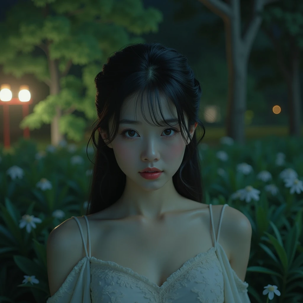 Hyperrealistic Japanese girl (((Alone woman))), Delicate and beautiful face, beautiful black eyes, His face expresses peace, calm, funny, full body girl in the park, night image, hyperrealistic image, vivid colors, photographic quality