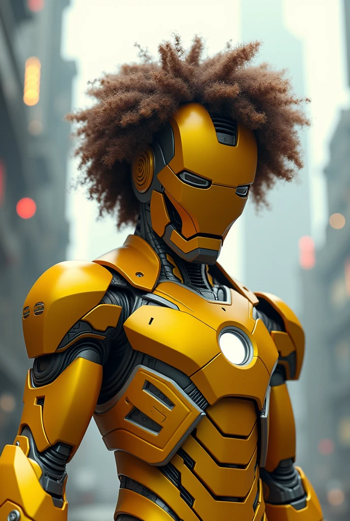 Yellow Iron Man Teen, curly hair coming out of the helmet