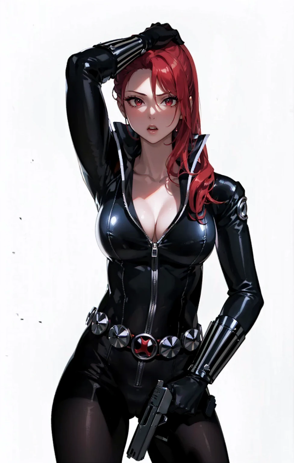 The image features a girl with long, bright red hair, dressed in a sleek skin-tight shiny black latex bodysuit with a deep-cut zipper neckline revealing a large chest, the silver zipper running down the front. The suit is complemented by her iron wrist guard on both wrists and a belt of silver circles around her waist. She holds a gun in each hand in a ready position, while her other hand is touching her hair. The background is white