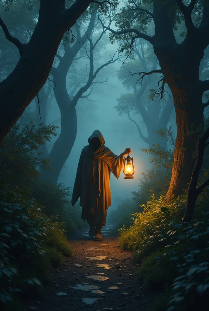 A wanderer in the forest with a kerosene lamp 