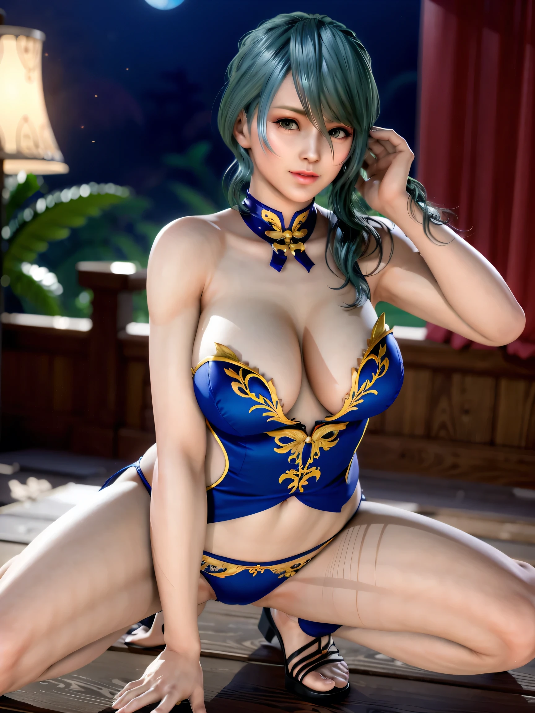 (blush), pout,(from below), spread legs,(crouching pose),(detailed china dress),china dress,cheongsam, (detailed panties),(panties very wedgie:1.2),sit on bed,(stockings),masterpiece, best quality, HD, 8K, Ultra- high resolution, Extreme Detail, Super detailed, beautiful eyes, beautiful hair, Beautiful side, beautiful skin, curvy, Tamaki, Cosmic Eyes,