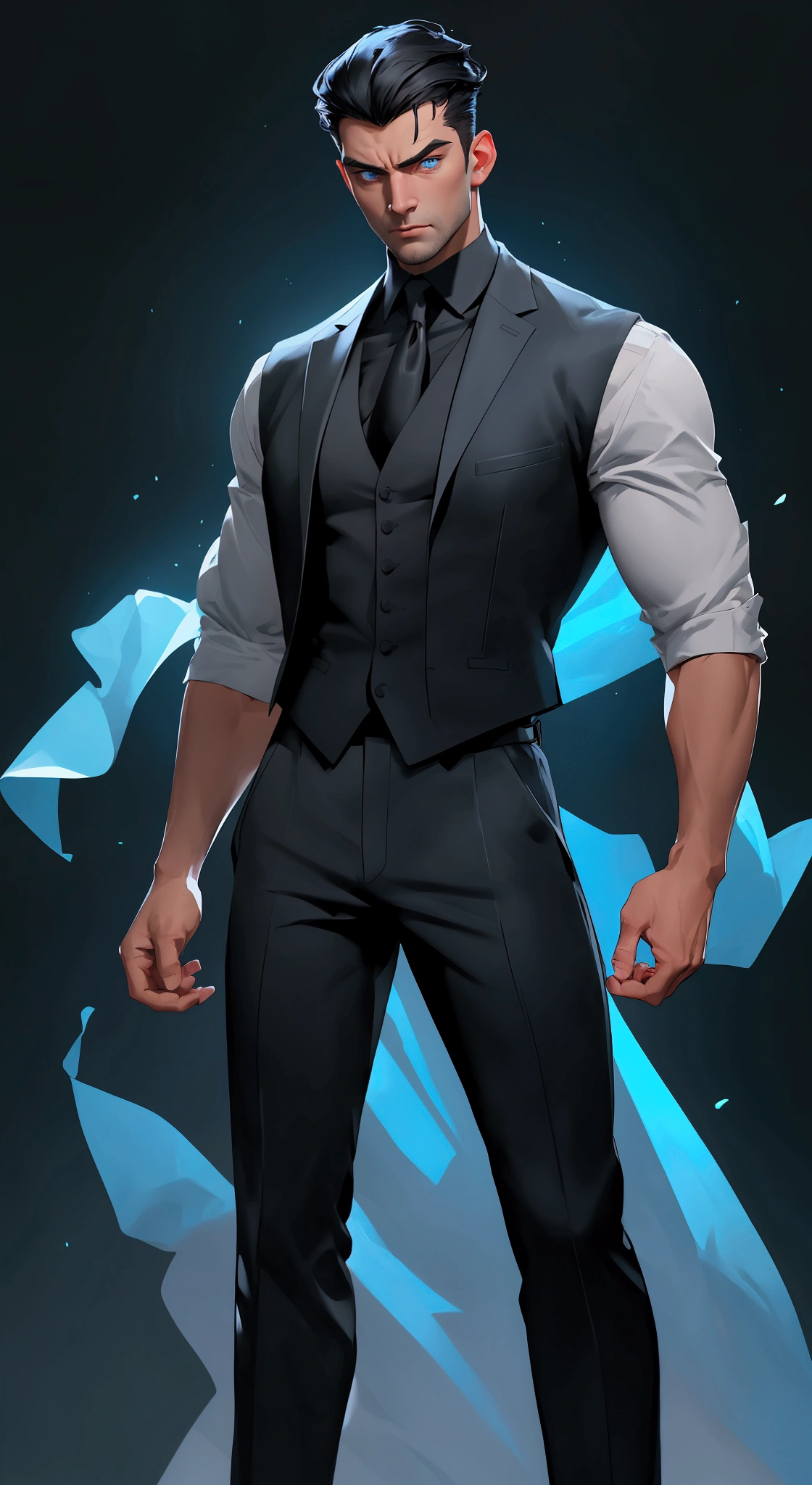 envision a 8k, highres, cinematic full body design sheet of an English man with a strong face, sleek body, clean shaved, with short slick black hair, and blue eyes wearing a black vest and collard shirt against a dark gray background