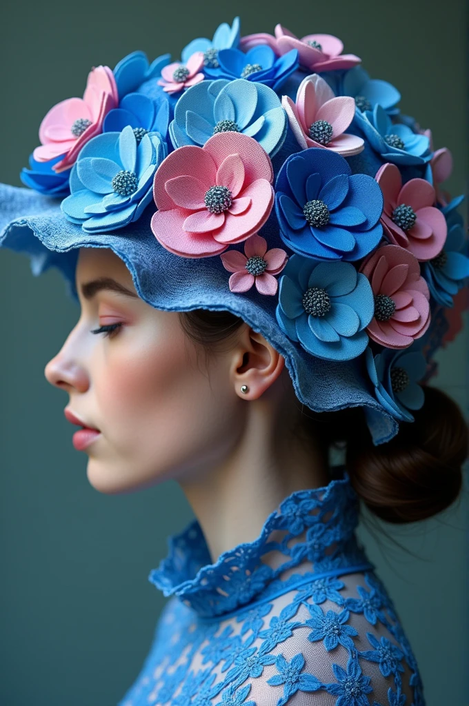 Blue and orchid flower inspired weaving hat design Make it around the hat like hanging flowers from a vine.