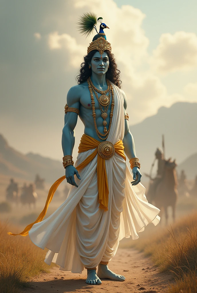 lord krishna in White clothes in peacock tail in Head and normal skin, standing position, background kurukshetra battle ground