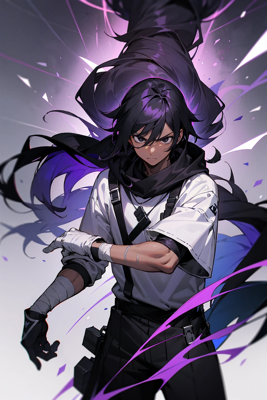 1male, adult male, black eyes, black hair, long hair, darkskin, black and white bandages on arms, purple gloves, black and purple yukata, grey sweatshirt, serious