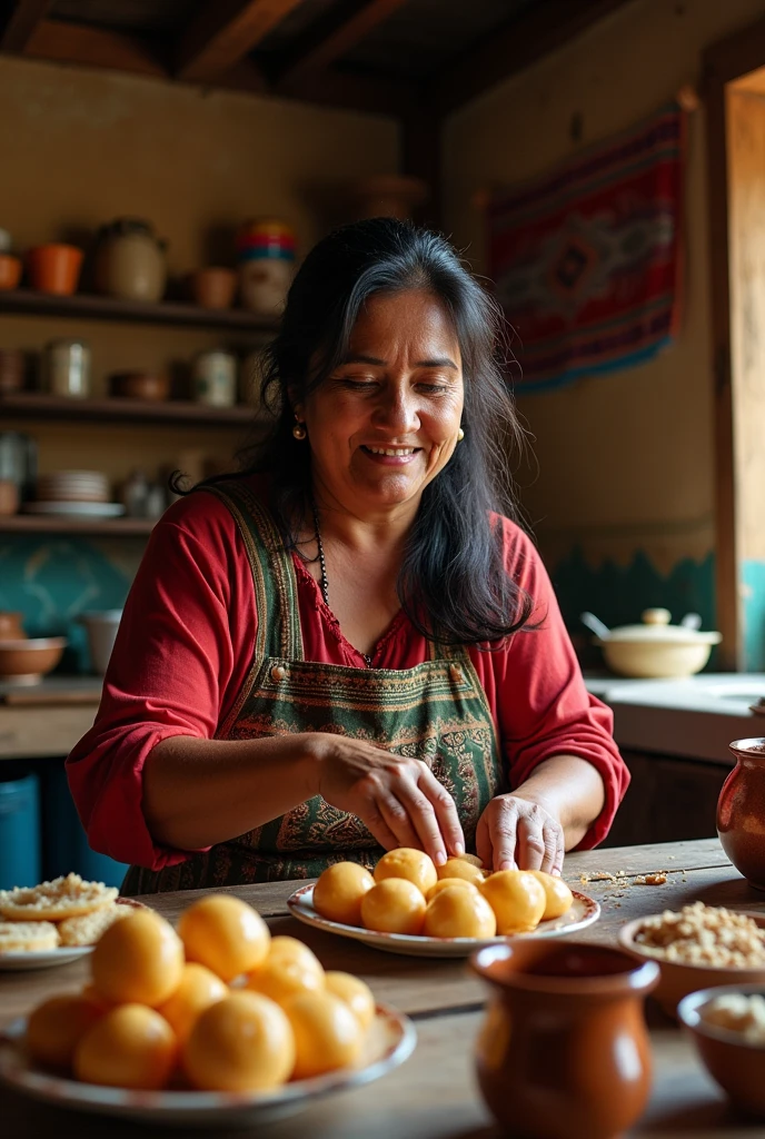 I need you to generate a very realistic image of a lady around 40 to 50 years old of Nicaraguan nationality who is dedicated to preparing traditional Nicaraguan sweets and who is making, for example, coconut cajeta., milk candy among other sweets from Nicaragua 