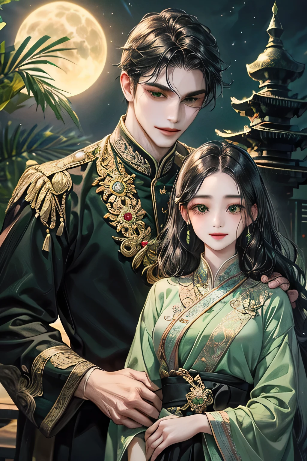 couple, javanese style, dark black wavy hair, smile and charming, quiet but gentle, green attire suit, smile, light black eyes, night sky, under the moon, pale skin, black wavy hair, kebaya, indonesia temple, javanese style, masterpiece, detailed eyes, detailed body, accurate