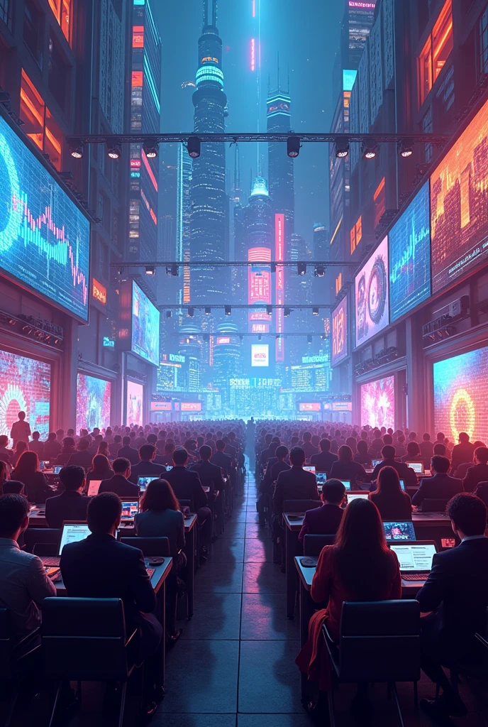 Image that combines urban elements and mixes high-tech tracks, club scenes, modern colorful neon lights, financial conference with big graphs and gears in front of conference room. in the main hall There were more than 200 people in the meeting seated, al