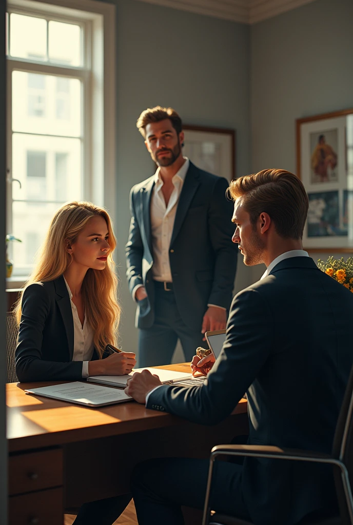 Generates a hyperrealistic image of a long-haired blonde woman in her office, sitting at the desk, On the other side of the table a handsome blond, talking to her and at the office door a handsome, masculine man with black hair, blue eyes and muscular body