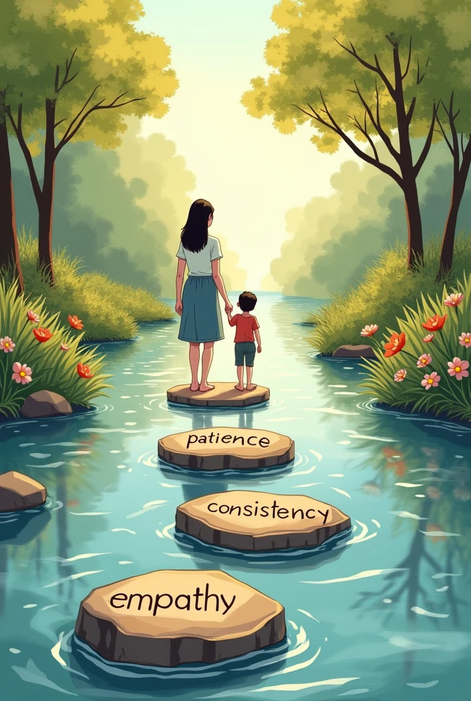 Hand-drawn illustration of stepping stones across a calm stream, labeled with values like 'patience,' 'consistency,' and 'empathy.' A parent holds a child’s hand as they step, symbolizing guidance. The setting is tranquil with trees and flowers.