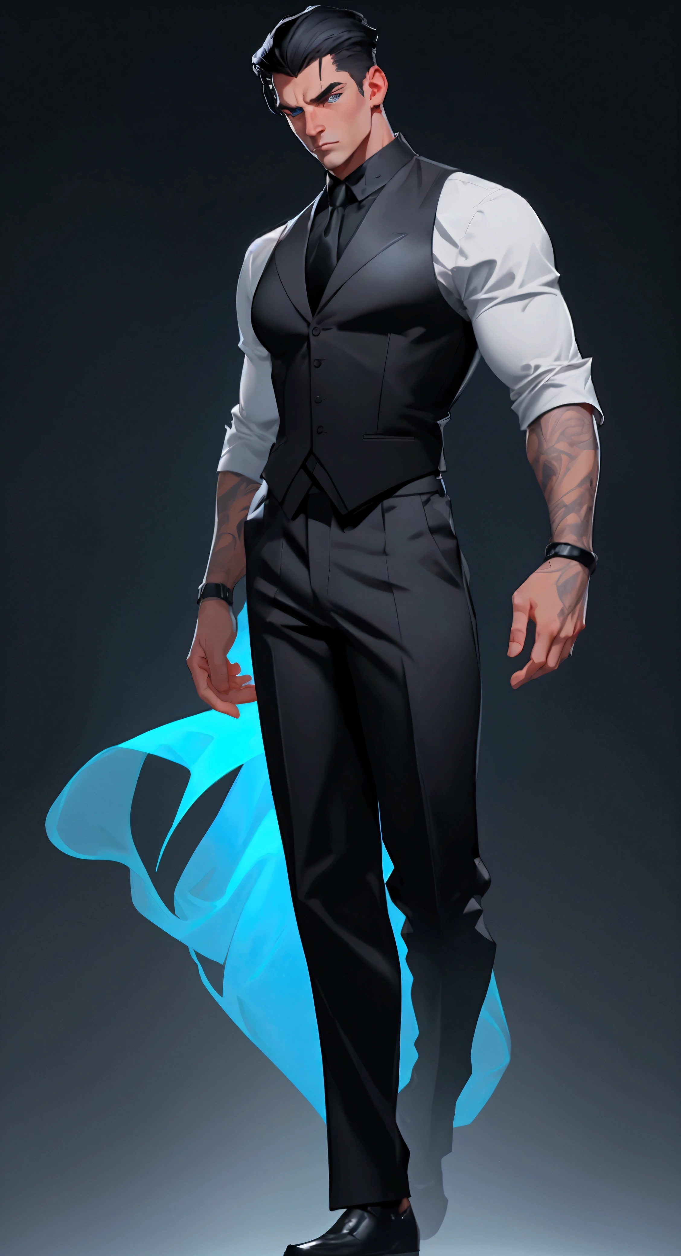 envision a 8k, highres, cinematic full body design sheet of an English man with a strong face, sleek body, clean shaved, with short slick black hair, and blue eyes wearing a black vest and collard shirt against a dark gray background