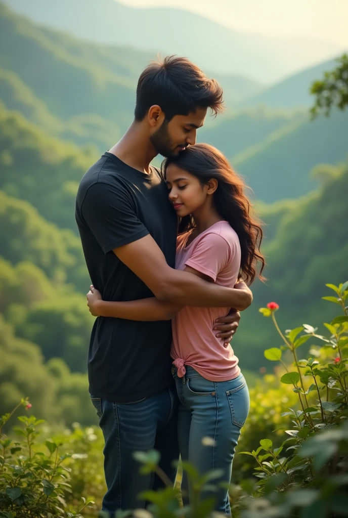 A  girl name supriya who is 5.4 feet short hugging sanyog her boyfriend who is 6 feet tall , boy wearing black t-shirt and girl wearing pink t-shirt in hills area jungle 