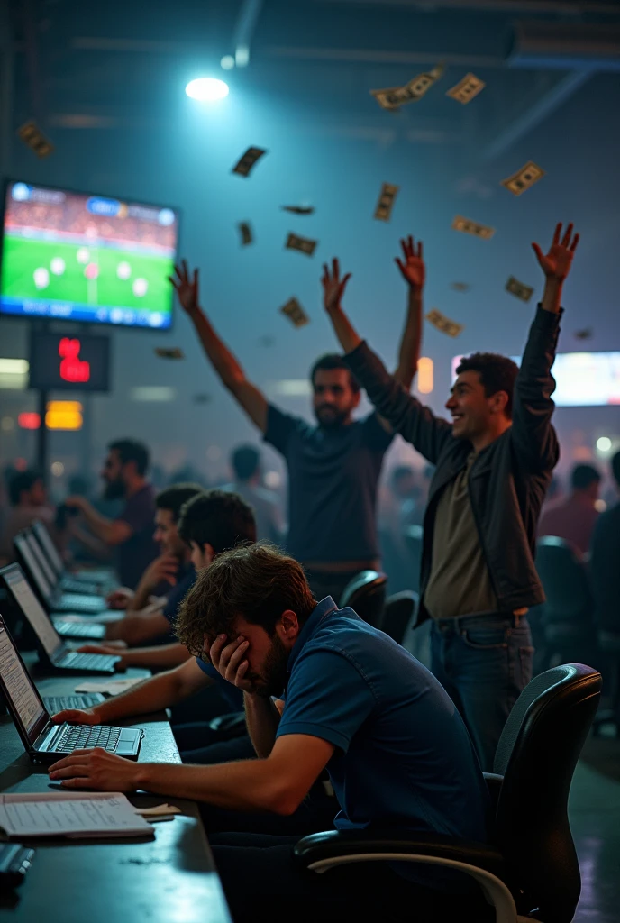 { "prompt": "A vivid scene of gamblers losing money, looking sad and desperate, set in a sports betting environment focused on soccer. In the foreground, a group of people are visibly distraught, with some holding their heads in their hands, others looking down in despair. The setting includes sports betting slips and screens displaying soccer matches. In the background, another group of people is celebrating their wins, with wide smiles, raising their arms in triumph. Dollar bills are flying around them, emphasizing their success. The contrast between the winners and losers is stark, with dim lighting over the losers and brighter, celebratory lighting over the winners.", "size": "1792x1024" }
