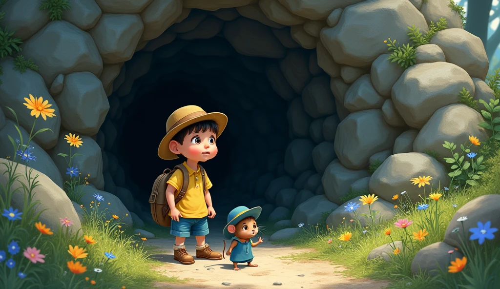 drawing of a (( boy)) dark yellow shirt dress and blue shorts accompanied by a small mouse (( wearing a blue exploration hat)) at the entrance of a small mysterious cave. Masterpiece of Art