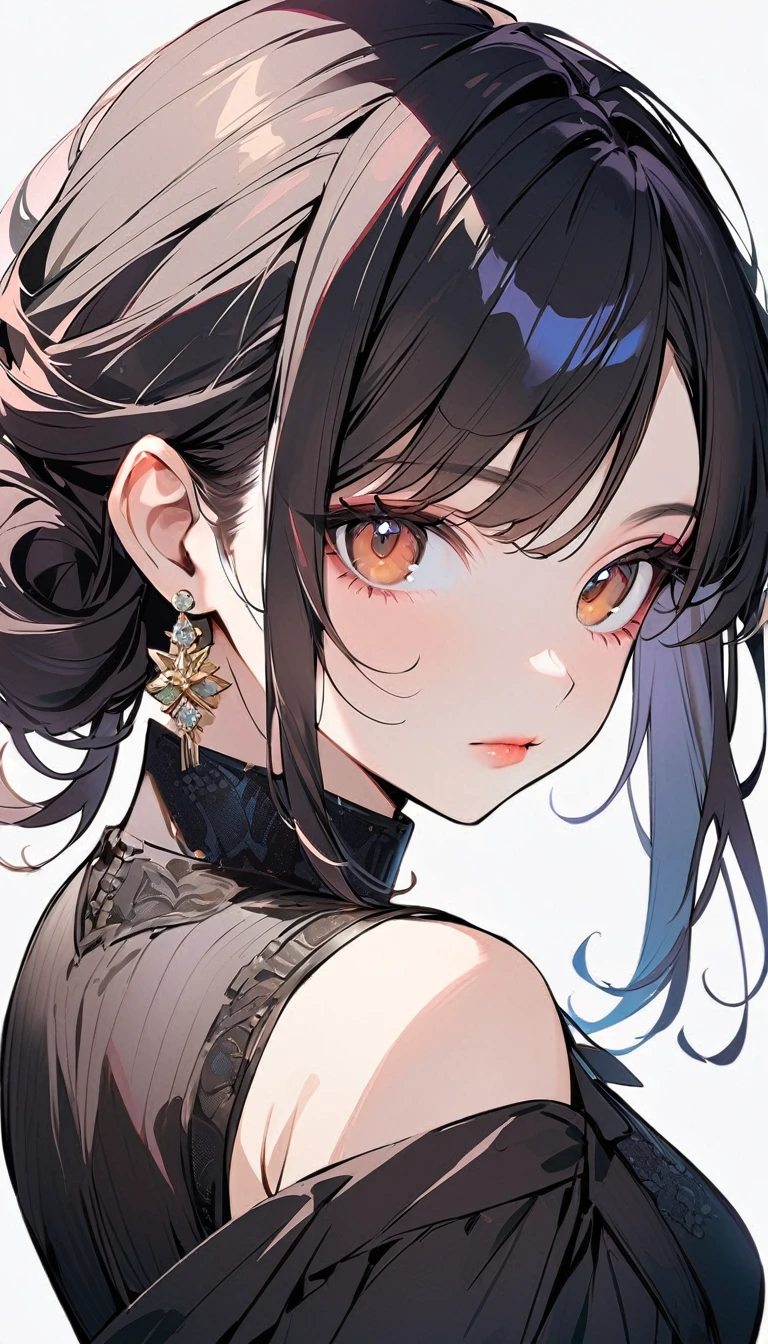 1woman, solo, french twist hair, black hair, brown eyes, wearing a simple black dress, sleeveless, looking at viewer, light pink lips, upper body, closed mouth, shirt, earrings, white background