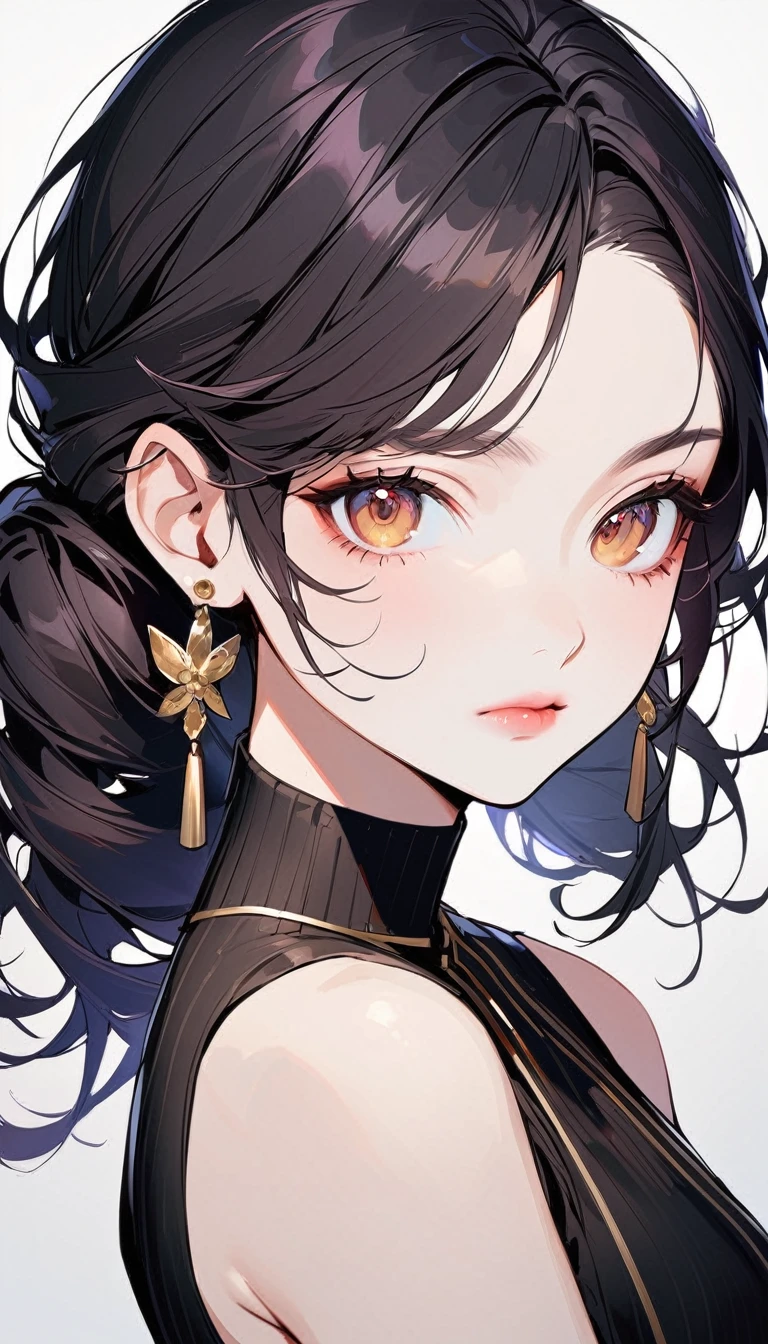 1woman, solo, french twist hair, black hair, brown eyes, wearing a simple black dress, sleeveless, looking at viewer, light pink lips, upper body, closed mouth, shirt, earrings, white background