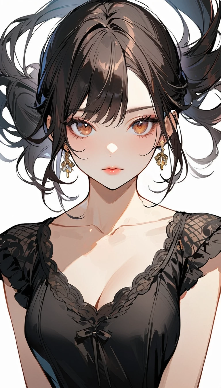 1woman, solo, french twist hair, black hair, brown eyes, wearing a simple black dress, sleeveless, looking at viewer, light pink lips, upper body, closed mouth, shirt, earrings, white background