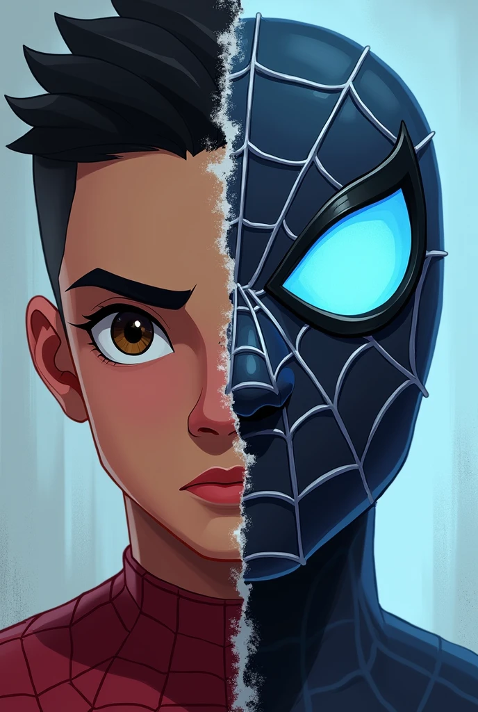 2D animation portrait left side of the face, with buzz cut hair, thick black eyebrows with expressive brown eyes and long eyelashes, small nose and small mouth with a dark lower lip. The right side is the Spiderman mask in light blue tones.