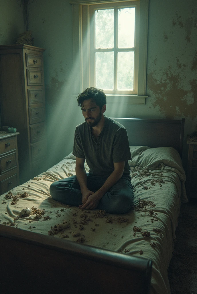 Abandoned house room man sitting on bed, zombies invade