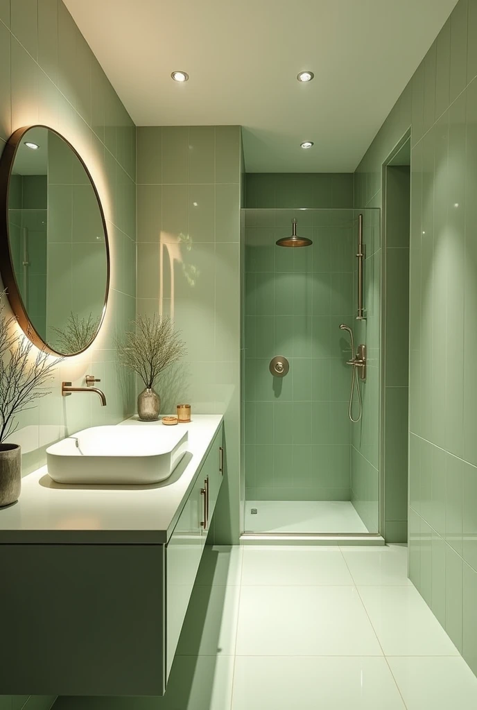 The bathroom features soothing light olive green tiles on the walls, creating a calming and sophisticated ambiance. A sleek, modern sink complements the serene color scheme, while a spacious shower room adds a touch of elegance and practicality. The overall design blends tranquility with contemporary style, making the space both inviting and functional.