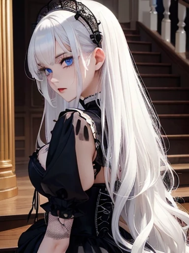 A gothic punk goth girl, perfect face, beautiful Asian woman with long White hair in White curls and coils, very cute and beautiful girl, (highly detailed beautiful face), high detailed fingers, (Blood Red corset) detailed face, curled white hair ]((1girl,cute,young, long beautiful White hair, beautiful blue eyes)), double d bust  (solo),((masterpiece, highest resolution, best quality)), (beautiful illustration),( gothic Lolita costume),(looking back at the viewer), walking up stairs 