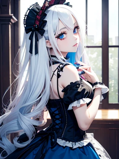 A gothic punk goth girl, perfect face, beautiful Asian woman with long White hair in White curls and coils, very cute and beautiful girl, (highly detailed beautiful face), high detailed fingers, (Blood Red corset) detailed face, curled white hair ]((1girl,cute,young, long beautiful White hair, beautiful blue eyes)), double d bust  (solo),((masterpiece, highest resolution, best quality)), (beautiful illustration),( gothic Lolita costume),(looking back at the viewer), walking up stairs 
