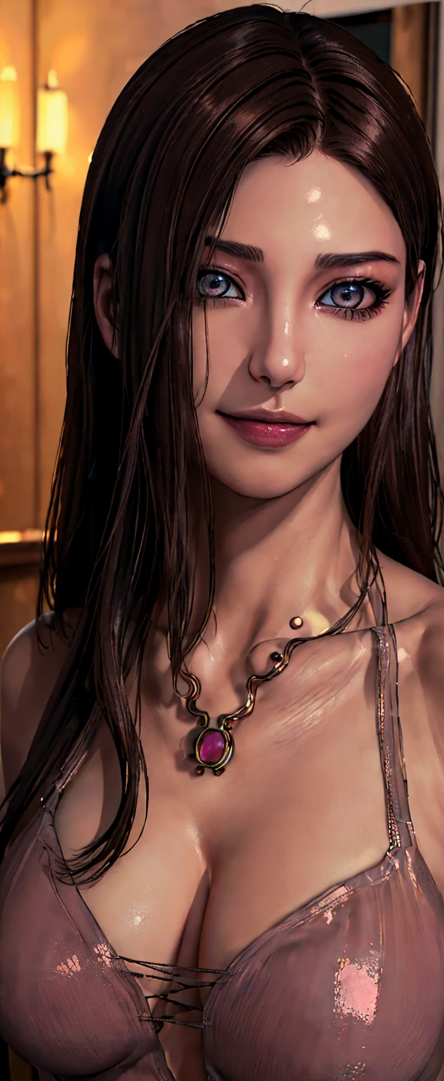 ((night、realistic light、highest quality、8K、masterpiece: 1.3))、1 girl、slim beauty: 1.4、(brown hair、medium breasts: 1.3)、Pink long sweater: 1.1、Bathroom、extra thin face、delicate eyes、 double eyelid、smile、necklace、brown eyes