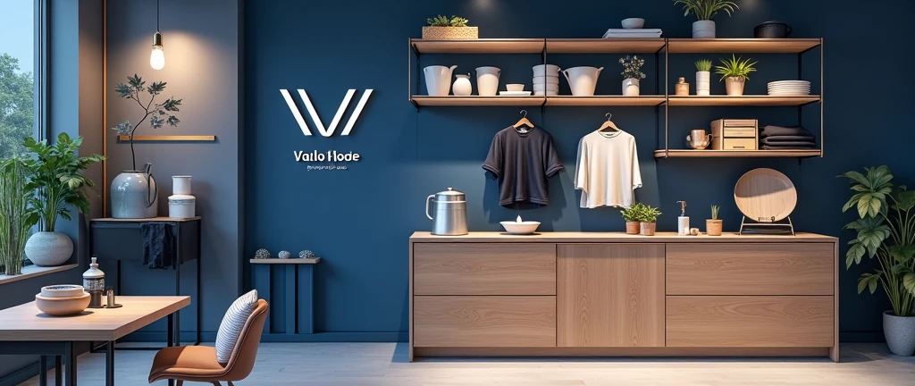 "Create a cover poster for Vlalo, a grocery store specializing in affordable home shopping for household items, appliances, and clothing. The design should feature sleek, modern visuals of these categories, such as stylish home gadgets, elegant clothing, and practical household products. Use a professional color scheme with sophisticated tones like navy blue and grey, avoiding the typical bright colors used for food products. Include the Vlalo logo prominently, with a tagline like 'Mua Sắm Tại Nhà, Giá Tốt Nhất' in a refined font. The overall design should convey a sense of convenience, modernity, and value.