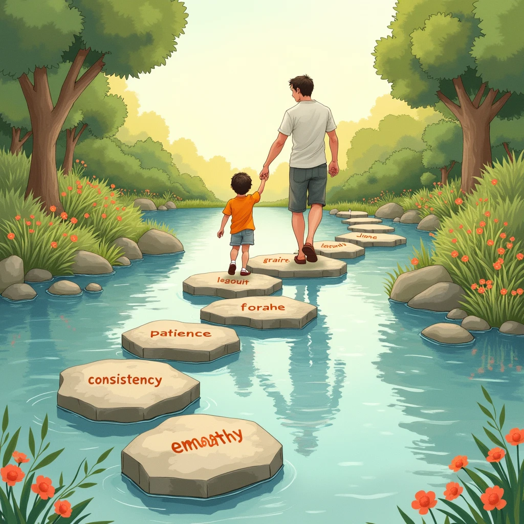 Hand-drawn illustration of stepping stones across a calm stream, labeled with values like 'patience,' 'consistency,' and 'empathy.' A parent holds a ’s hand as they step, symbolizing guidance. The setting is tranquil with trees and flowers.