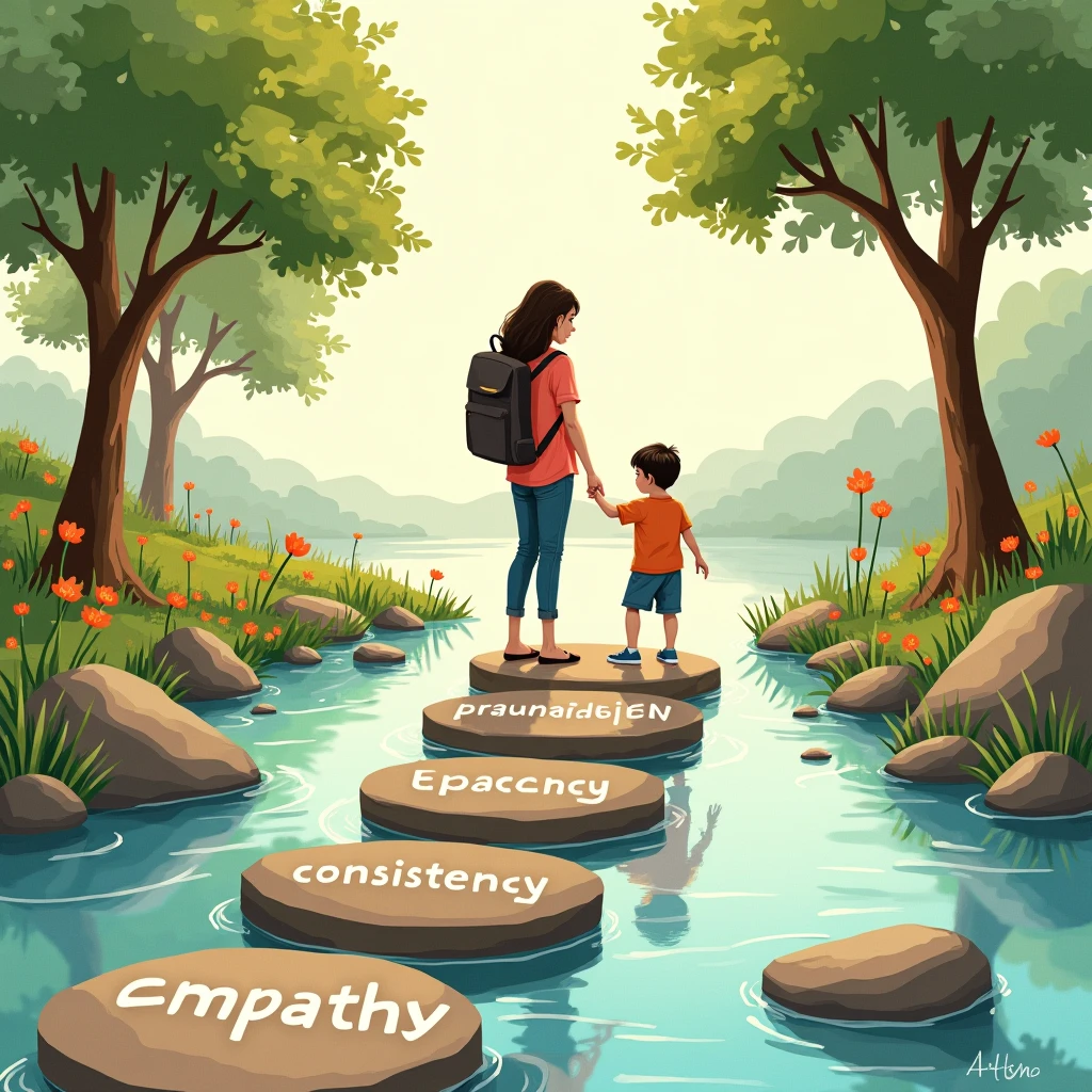 Hand-drawn illustration of stepping stones across a calm stream, labeled with values like 'patience,' 'consistency,' and 'empathy.' A parent holds a child’s hand as they step, symbolizing guidance. The setting is tranquil with trees and flowers.