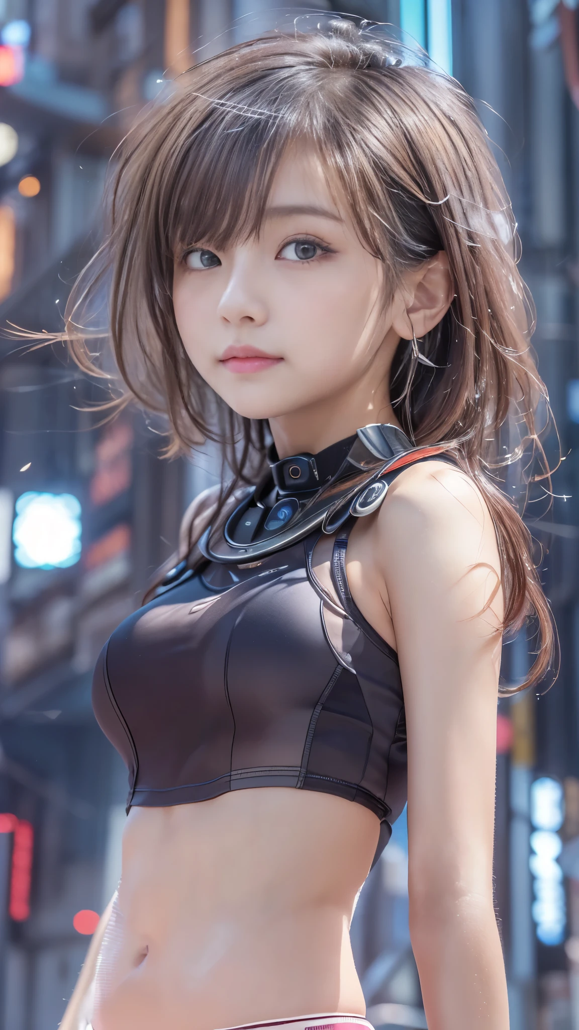 (((A pure and cute beautiful girl stands in a futuristic city:1.2))), (((Cute underwear is visible:1.2))), Beautiful straight hair, Short brown hair, Immersion, (Beautiful symmetrical eyes), (Thin thighs:1.2, Beautiful feet:1.2), Slender body line, ((Tight waist:1.2)), (Japanese Idols, Baby Face, high school girl, teenage), (Perfect Anatomy:1.3), Moisturizing lips, Beautiful breasts, Beautiful buttocks, Beautifully shaped crotch, (Highest quality、Highest quality、Masterpiece、Ultra high definition、Reality:1.37), (Detailed eyes and face:1.3、Professional photography techniques)、(Detailed hands:1.1、The right move:1.1)、((Hair fluttering in the wind and skirts blowing up:1.3)), (((Cute tops and mini skirts))), ((Futuristic fashion))