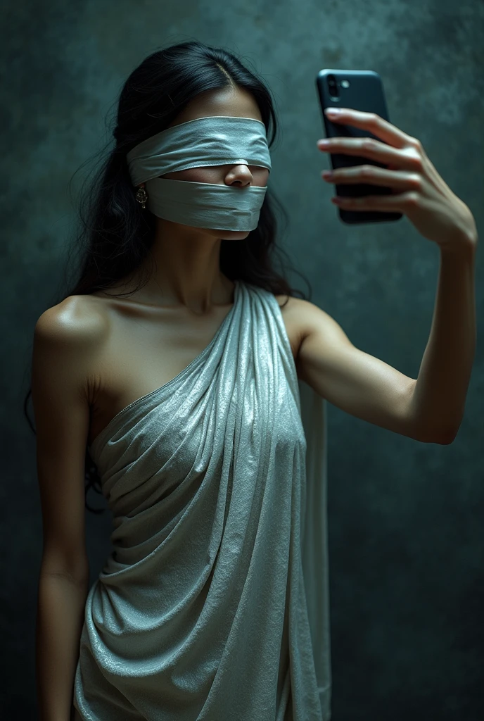 girl blindfolded Duct tape gagged in silver shimmering saree taking selfie 