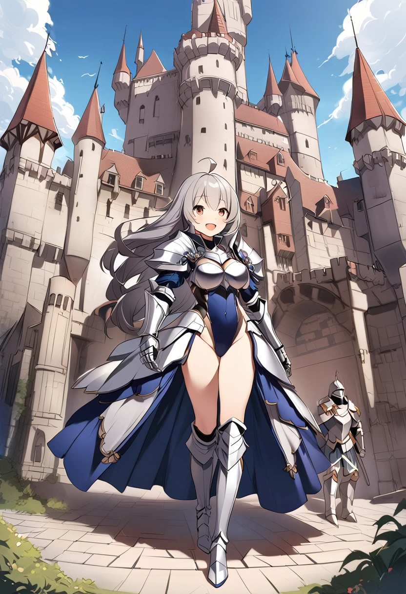 Woman knight、a beauty girl、huge tit、Excellent style、Nice Buddy、glamorous、leotard、s Armor、Bra chest armor、knee boots、gauntlets、hair adornments、silber hair、Longhaire、Ahoge、a medieval castle、is standing、full body seen、Outside the castle、natta、a smile、slightly open mouth