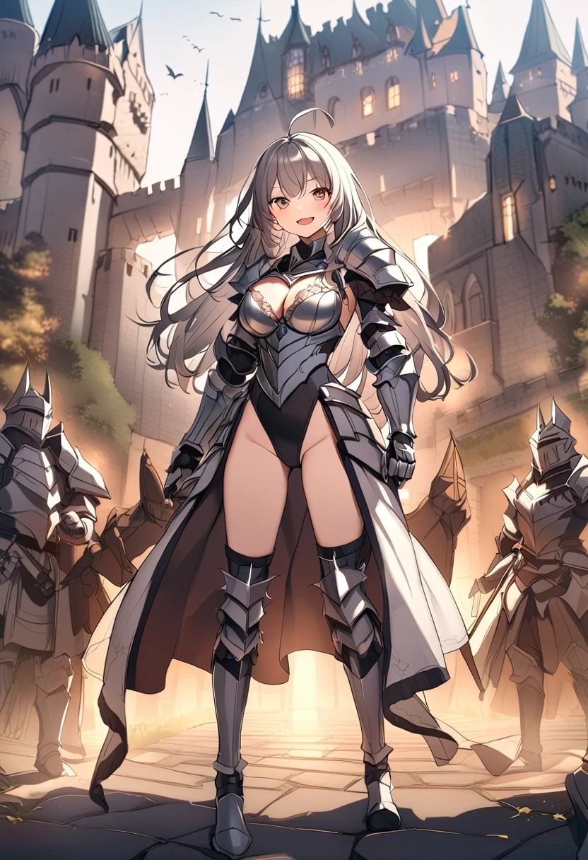 Woman knight、a beauty girl、huge tit、Excellent style、Nice Buddy、glamorous、leotard、s Armor、Bra chest armor、knee boots、gauntlets、hair adornments、silber hair、Longhaire、Ahoge、a medieval castle、is standing、full body seen、Outside the castle、natta、a smile、slightly open mouth