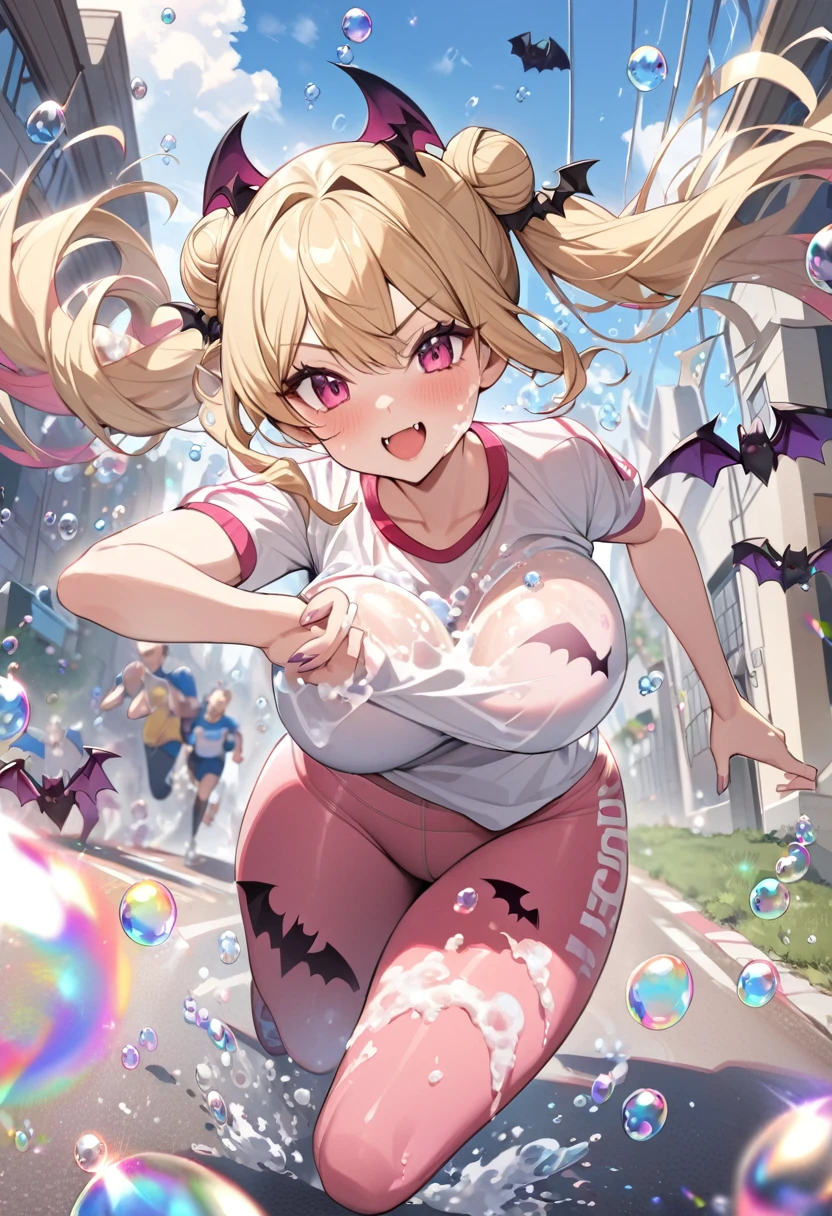 (cute),masterpiece,best quality,ultra detailed,
((Bubble run, running covered in bubbles, bubbles on the road, bubbles on your body, bubbles flying, dash, bubbles on your chest, bubble alert, tons of bubbles,sports outfits,breasts with bubble,prismatic soap bubble storm)),
vampire young lady,blonde hair,(long_twintail_drill_hair with bun),((bat print pink pantyhose,pink legwear)),bat-shaped hair ornament,huge udder,