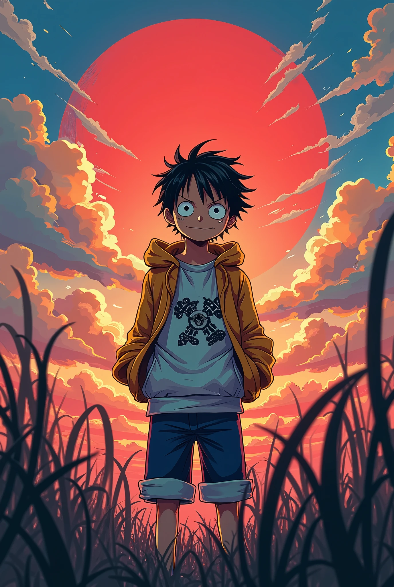 Top quality, masterpiece, high resolution, 8K, Hoodie and anime style Luffy, Luffy one piece, Detailed line art, Bright White and Bright Amber Styles, Digital enhancement, close up, Animation Core, Flowing fabrics，Torogao