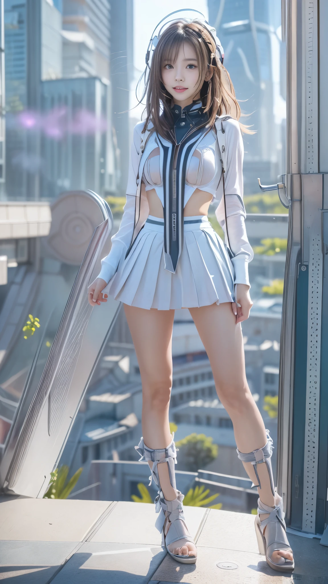 (((A pure and cute beautiful girl stands in a futuristic city:1.2))), (((Cute underwear is visible:1.2))), Beautiful straight hair, Short brown hair, Immersion, (Beautiful symmetrical eyes), (Thin thighs:1.2, Beautiful feet:1.2), Slender body line, ((Tight waist:1.2)), (Japanese Idols, Baby Face, high school girl, teenage), (Perfect Anatomy:1.3), Moisturizing lips, Beautiful breasts, Beautiful buttocks, Beautifully shaped crotch, (Highest quality、Highest quality、Masterpiece、Ultra high definition、Reality:1.37), (Detailed eyes and face:1.3、Professional photography techniques)、(Detailed hands:1.1、The right move:1.1)、((Hair fluttering in the wind and skirts blowing up:1.3)), (((Cute tops and mini skirts))), ((Futuristic fashion))