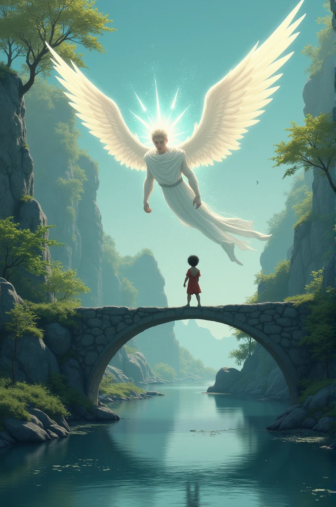 a child is walking across a bridge on a river and above him is an angel in a male figure