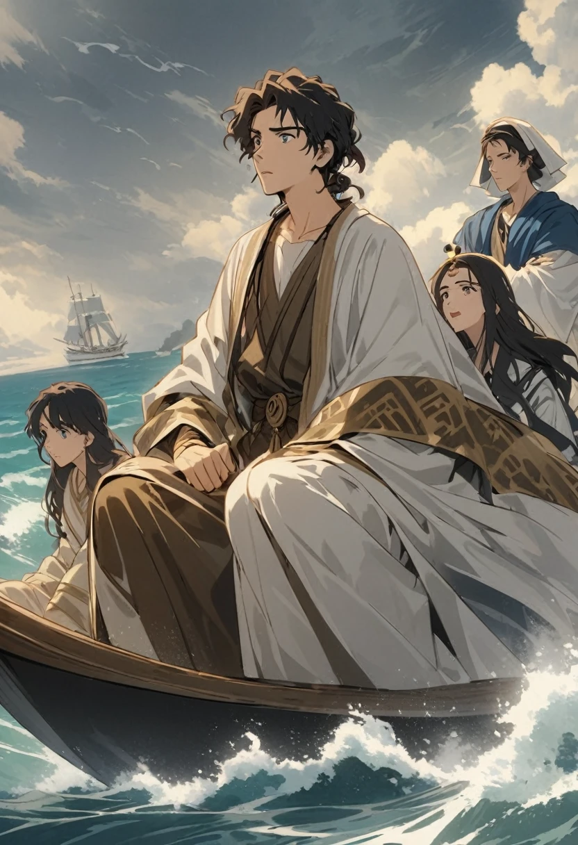 please create  Jonah as a  Youthful Disney feature boy in a boat together wiyh other sailormen all worried about a stormy weather coming soon. Describe Jonah  as a character from the Bible history concerning the Whale history and make all wearing robes in ancient style .