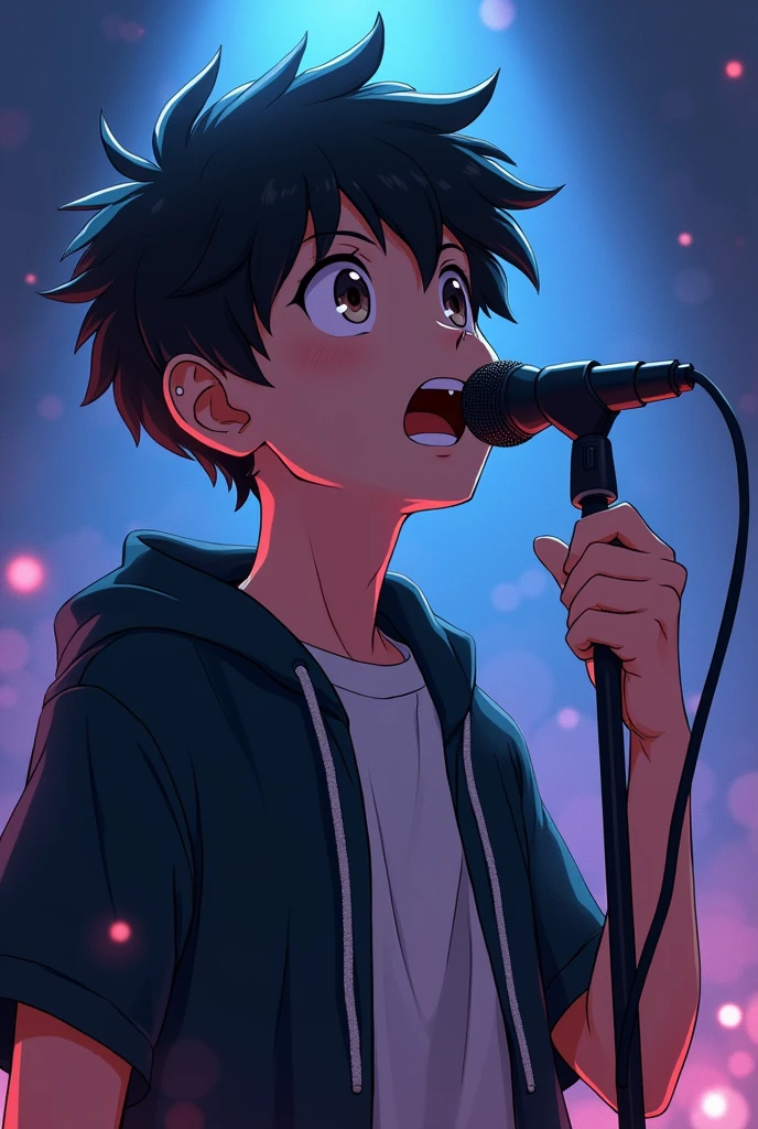 An anime boy with a tripod microphone singing linkin park's song during the meteora album