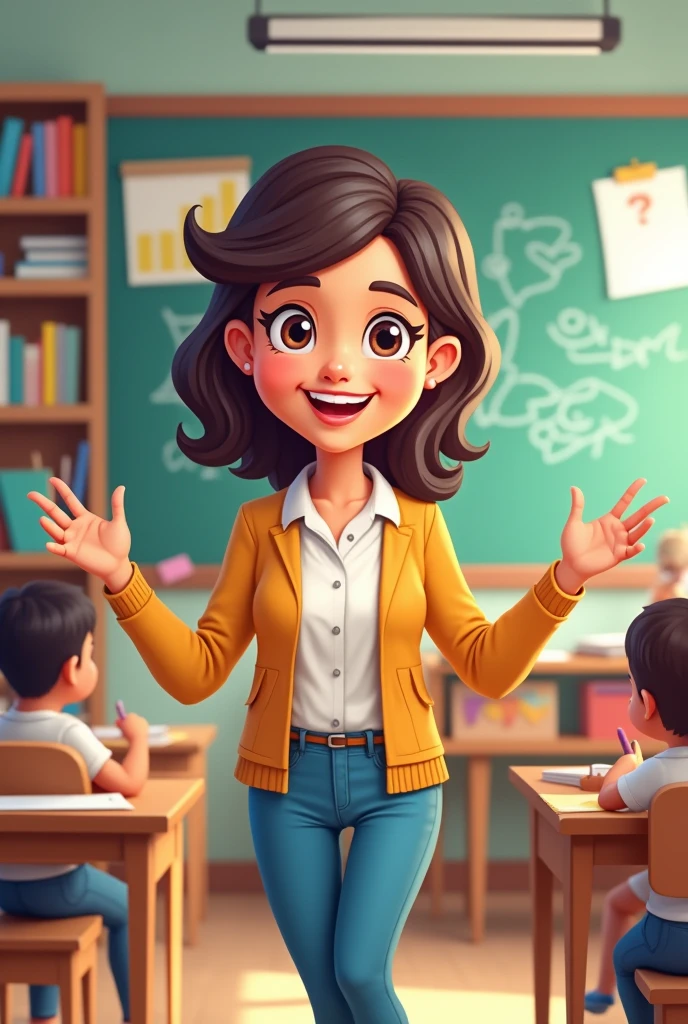 Teacher Cartoon photo with background and ask questions for students 