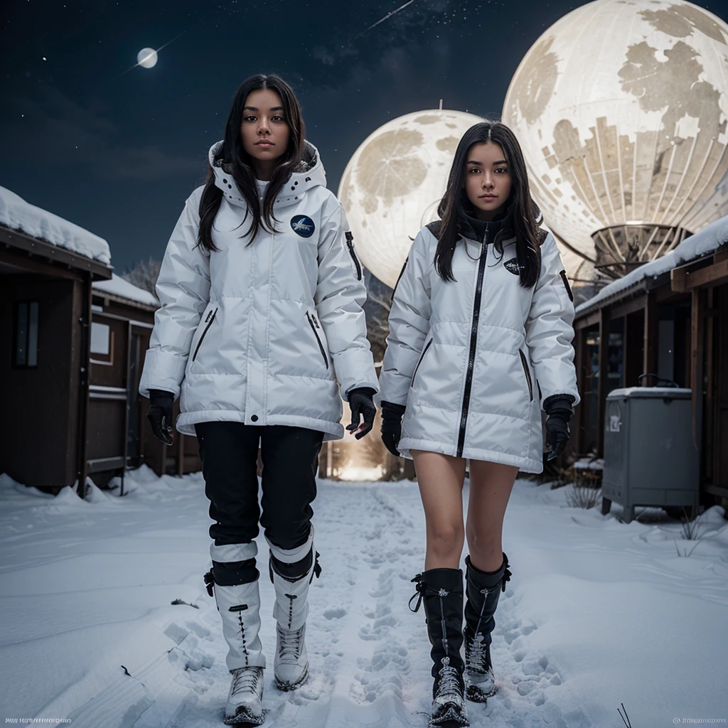 Realistic, science fiction, space, young girl, with black straight long hair, glowing honey eyes, dressed in a white full body armor with black and orange pattern, white military winter coat and hoody, high white boots with black patterns, walking on the off-road in the open field with low grass at night, she's holding a futuristic rifle and have a small backpack, in the background there is one starship black color and with orange ornaments, winter time, snow, 2 moons in the sky, image should be in realistic style.